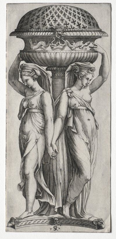 O Cassollette: mulheres apoiando uma urna, c. 1520-27. de Marco Dente