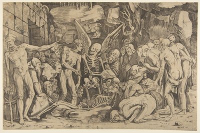 Os Skeletons, um grupo de homens e mulheres emaciados reunidos em torno de um esqueleto colocado sobre o..., 1515-27. de Marco Dente