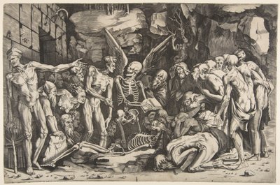 Os esqueletos, um grupo de homens e mulheres emaciados reunidos em torno de um esqueleto colocado em 1515-27. de Marco Dente