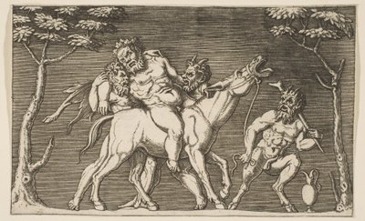 Dois sátiros colocando Silenus em uma mula e um terceiro sátiro à direita, ca. 1515-27. de Marco Dente