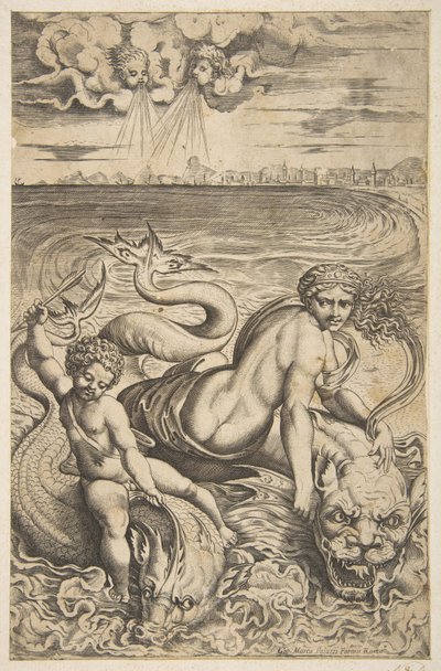 Vênus e Cupido montando dois monstros marinhos, Cupido levanta uma flecha na mão direita, t ..., ca. 1515-27. de Marco Dente