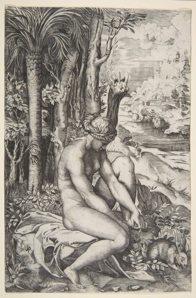 Vênus removendo um espinho do pé esquerdo enquanto estava sentado em um pano ao lado de árvores, um ..., ca. 1515-27. de Marco Dente