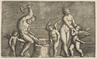 Vulcano sentado martelando uma bigorna ladeada por Vênus e três cupidos, ca. 1515-27. de Marco Dente