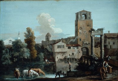 Um capricho com cavalos regando em um rio fora de uma cidade murada de Marco Ricci