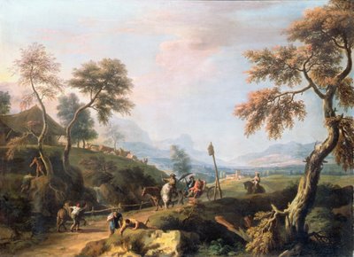 Uma paisagem arborizada com cavalheiros em uma carruagem em uma estrada (óleo sobre tela) de Marco Ricci
