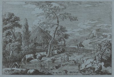 Gado e figuras em um riacho de fazenda de Marco Ricci