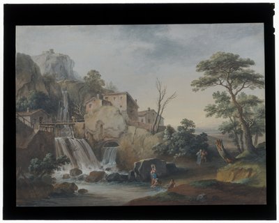 Paisagem com cascata e casas de campo de Marco Ricci