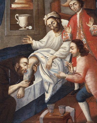 Religiosos que tratam um paciente no Hospital St. Andrew, Cuzco (óleo sobre tela) de Marcos Zapata