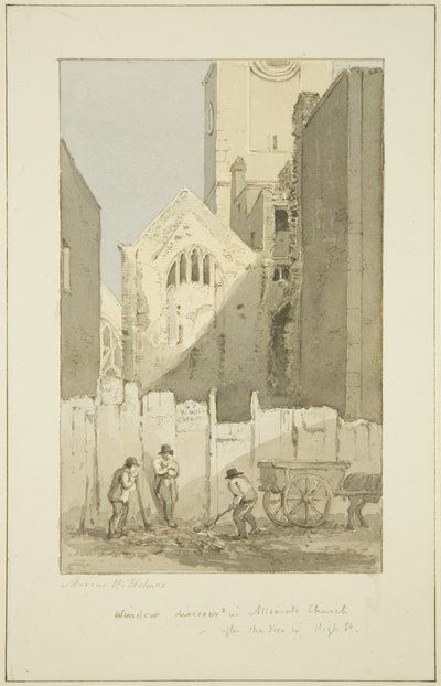 Descoberta da Janela Leste da Rua Todos os Santos (depois do incêndio) (lápis e aguarela sobre papel) de Marcus H. Homes