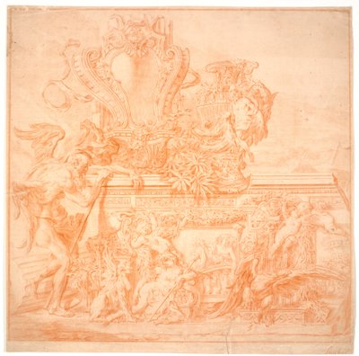 Projeto decorativo com um velho simbolizando o tempo, um escudo, um vaso, uma águia e várias figuras alegóricas de Marcus Tuscher