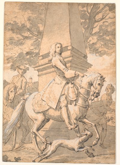 Distinto cavalheiro seguido por servos passa por um monumento de Marcus Tuscher