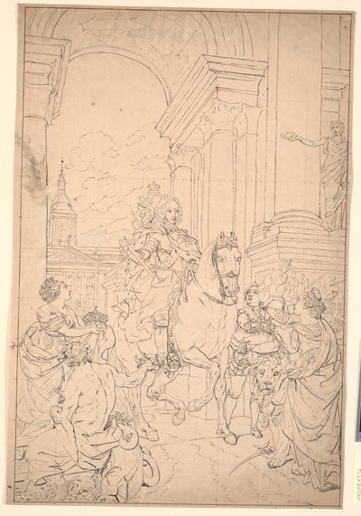 Rascunho para a pintura: Dinamarca e Noruega prestam homenagem a Chr. VI (queimada com Christiansborg 1794) de Marcus Tuscher