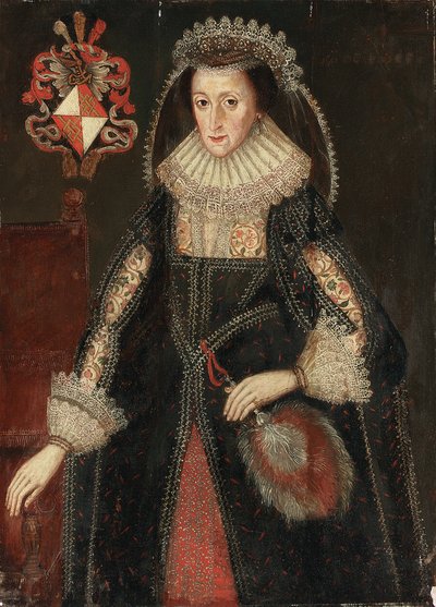 Retrato de Lady Eleanor Dutton, de três quartos, em um vestido elegante, de pé ao lado de uma cadeira inscrita com brasões da família Dutton de Cheshire e Gloucestershire de Marcus the Younger Gheeraerts