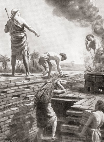Construção de um zigurate, as enormes torres de templos piramidais que foram construídas pela primeira vez nas cidades-estado da Suméria, da History of the Nations de Hutchinson, pub.1915 de Margaret (after) Dovaston