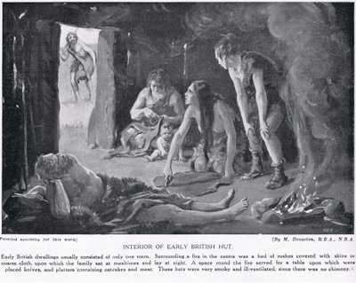 Interior de uma antiga cabana britânica, ilustração de "Hutchinson