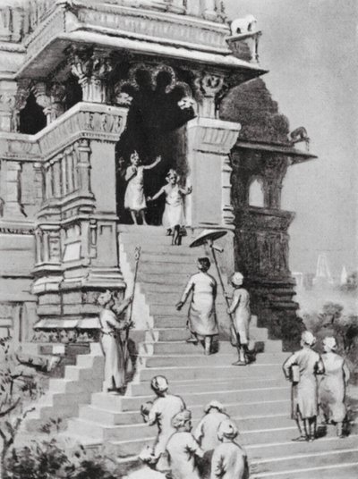 Kirtivarman Chandella visita o seu templo em Khajurahu, 1065 d.C. (litografia) de Margaret (after) Dovaston
