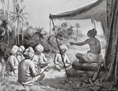 Kulottunga Chola dá instruções aos seus inspectores, 1086 d.C. (litografia) de Margaret (after) Dovaston