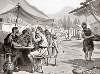 Uma das leis de Licurgo, o reformador espartano, era que ninguém devia tomar as suas refeições em casa ou em privado, da History of the Nations de Hutchinson, pub.1915 de Margaret (after) Dovaston