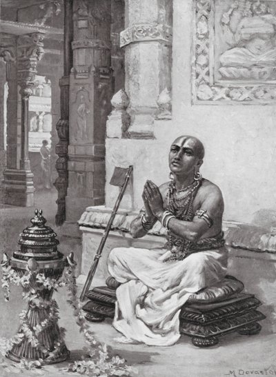 Ramanuja a contemplar a sua Filosofia do Deus Único e Pessoal, 1100 d.C. (litografia) de Margaret (after) Dovaston