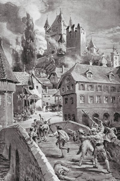 O incêndio do castelo de Wadenschwyl em 1804 (litografia) de Margaret (after) Dovaston
