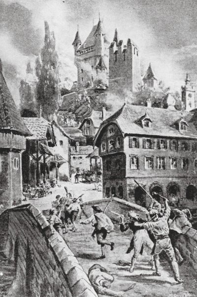 O incêndio do castelo de Wadenschwyl em 1804 (litografia) de Margaret (after) Dovaston
