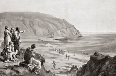 A chegada dos fenícios à costa oriental do Mediterrâneo, cerca de 1500 a.C., da History of the Nations de Hutchinson, pub.1915 de Margaret (after) Dovaston