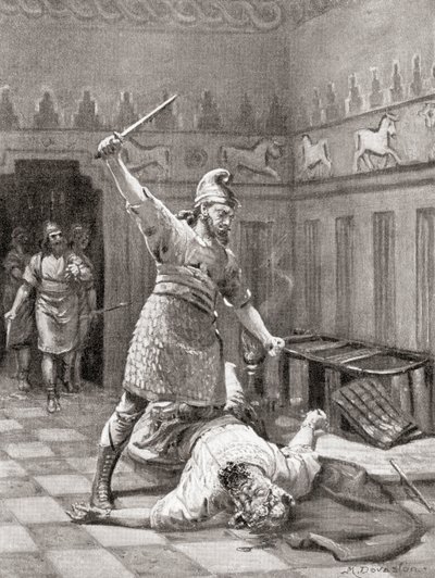 O assassinato de Tukulti-Ninurta I na sua cidade sitiada Kar-Tukulti-Ninurta, da História das Nações de Hutchinson, pub.1915 de Margaret (after) Dovaston