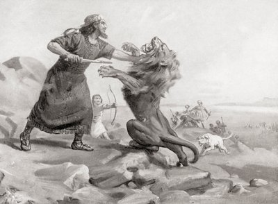 Tiglate-Pileser a matar um leão, de History of the Nations de Hutchinson, pub.1915 de Margaret (after) Dovaston