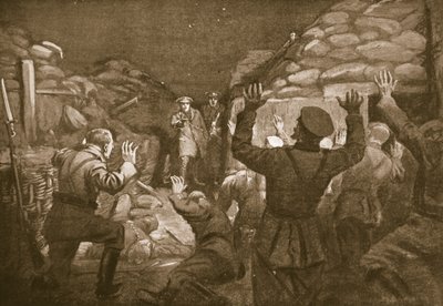 Um oficial alemão e catorze dos seus homens pedem clemência ao tenente Leach (litografia) de Margaret Dovaston