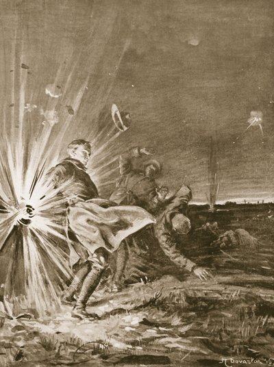 Um projétil rebenta perto do soldado Jackson, rebentando com o seu braço quando ajudava a trazer um ferido (litografia) de Margaret Dovaston