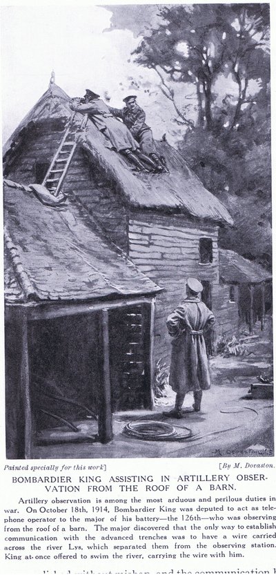 Bombardeiro King a assistir a observações de artilharia a partir do telhado de um celeiro do outro lado do rio Lys, outubro de 1914 (litografia) de Margaret Dovaston