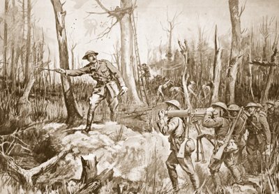 Capitão (Tenente-Coronel temporário) R.B. Barker organizando as defesas de um bosque (litografia) de Margaret Dovaston