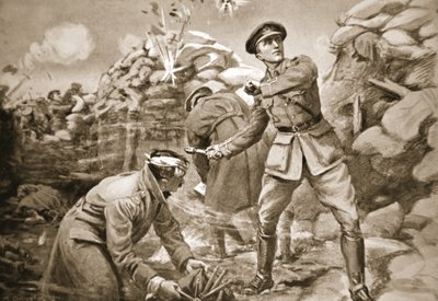 O capitão Vickers mantém o inimigo à distância enquanto é construída uma barreira atrás de si (litografia) de Margaret Dovaston