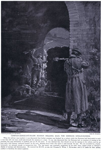 O Sargento-Mor Seaman foi condecorado com um DCM por ter conseguido, com uma só mão, travar um ataque alemão em fevereiro de 1915 (litografia) de Margaret Dovaston