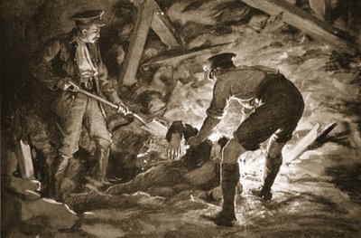 O cabo J. McCartney desenterrando, com a ajuda de um camarada, um mineiro que tinha sido soterrado por uma explosão de mina (litografia) de Margaret Dovaston