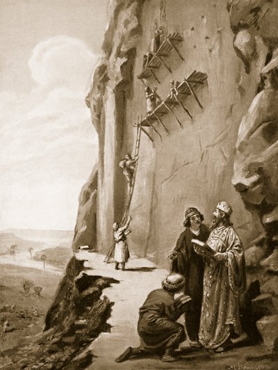 Dario supervisionando a sua inscrição em Behistun, ilustração da "História das Nações de Hutchinson de Margaret Dovaston