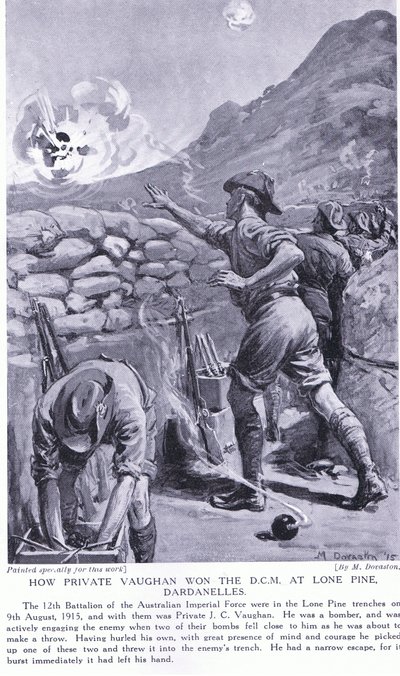 Como o soldado Vaughan ganhou o DCM em Lone Pine, Dardanelos, agosto de 1915 (litografia) de Margaret Dovaston