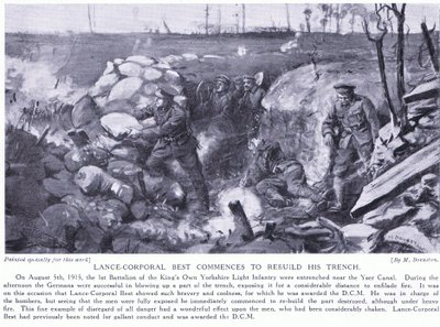 O cabo Best foi condecorado com um DCM por ter começado a reconstruir a sua trincheira no Canal Yser sob fogo intenso em agosto de 1915 (litografia) de Margaret Dovaston