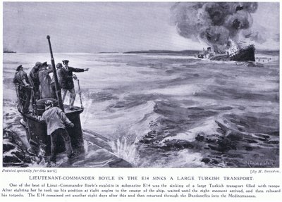 O Tenente Comandante Boyle no E14 afunda um grande transporte turco em 1915 (litografia) de Margaret Dovaston