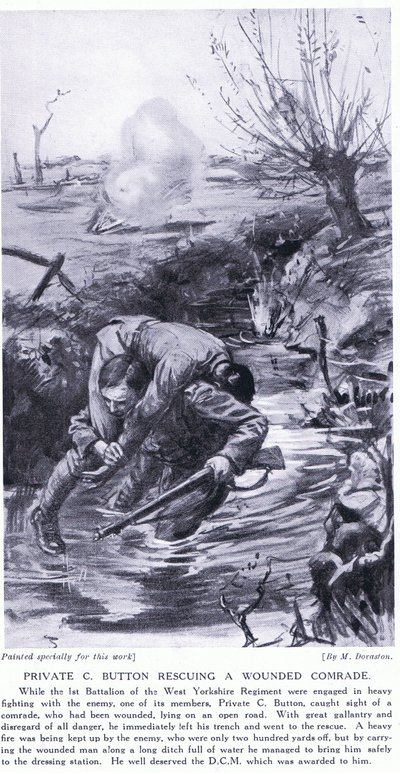 Soldado Button condecorado com o DCM por ter salvo um colega ferido (litografia) de Margaret Dovaston