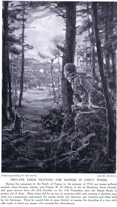 Soldado Edom à caça de atiradores furtivos em Chivy Wood, outono de 1914 (litografia) de Margaret Dovaston