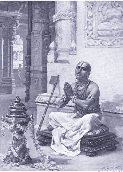 Ramanuja contemplando a sua filosofia do Deus único e pessoal 1100 d.C. (litografia) de Margaret Dovaston
