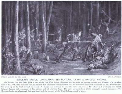 O Sargento Spence ganhou um DCM por liderar o seu pelotão numa carga de baioneta nos bosques perto de Wasmes, em agosto de 2014 (litografia) de Margaret Dovaston