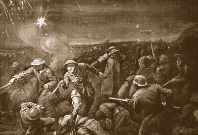 O capitão temporário A.C.T. White lidera um contra-ataque e expulsa o inimigo de um reduto (litografia) de Margaret Dovaston