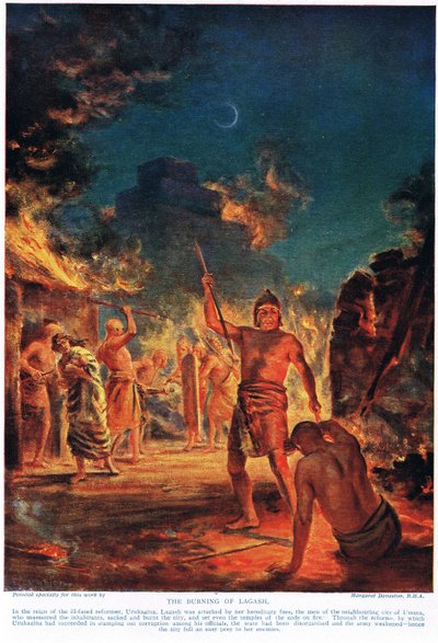 O incêndio de Lagash, ilustração da "História das Nações" de Hutchinson (litografia a cores) de Margaret Dovaston