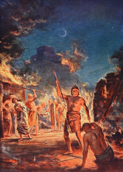 O incêndio de Lagash, ilustração da "História das Nações" de Hutchinson, c.1910 (litografia a cores) de Margaret Dovaston