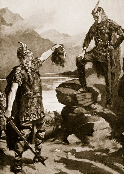 A cabeça de Donald Macwilliam apresentada a Alexandre II, ilustração da "História da Nação Britânica" de Hutchinson, c.1920 (litografia) de Margaret Dovaston