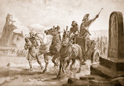 Tiglate-Pileser IV diante da cidadela de Turushpa, ilustração da "História das Nações de Hutchinson" (litografia) de Margaret Dovaston