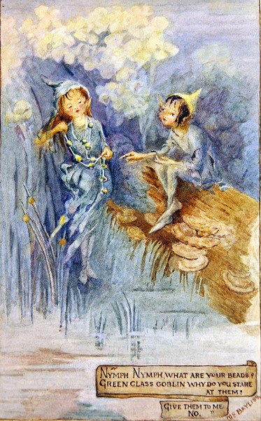 A Ninfa e o Duende Verde (aguarela a bordo) de Margaret E. Bayliss