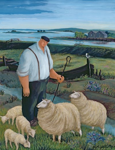 Pastor com ovelhas numa paisagem fluvial de Margaret Loxton
